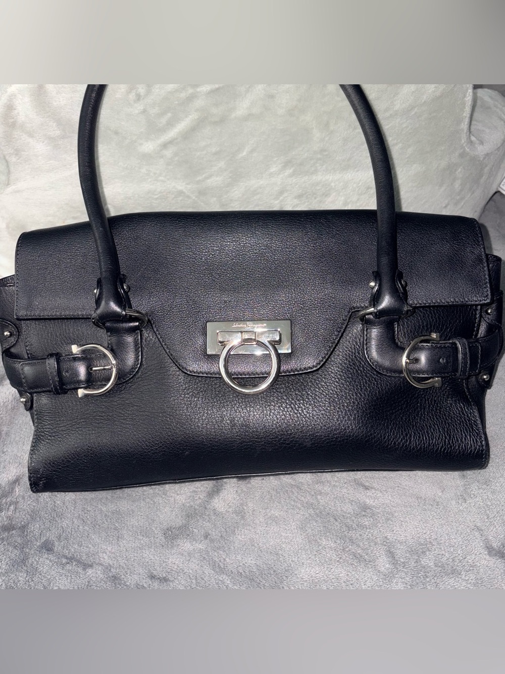 Salvatore Ferragamo Black Leather Shoulder Bag with Silver Hardware - Picture 2 of 7